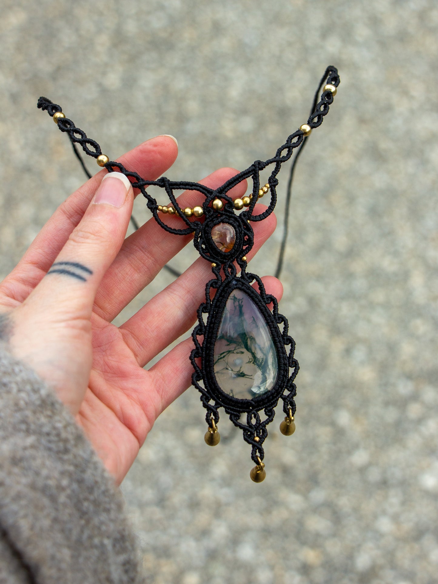 White Topaz & Moss Agate macrame necklace