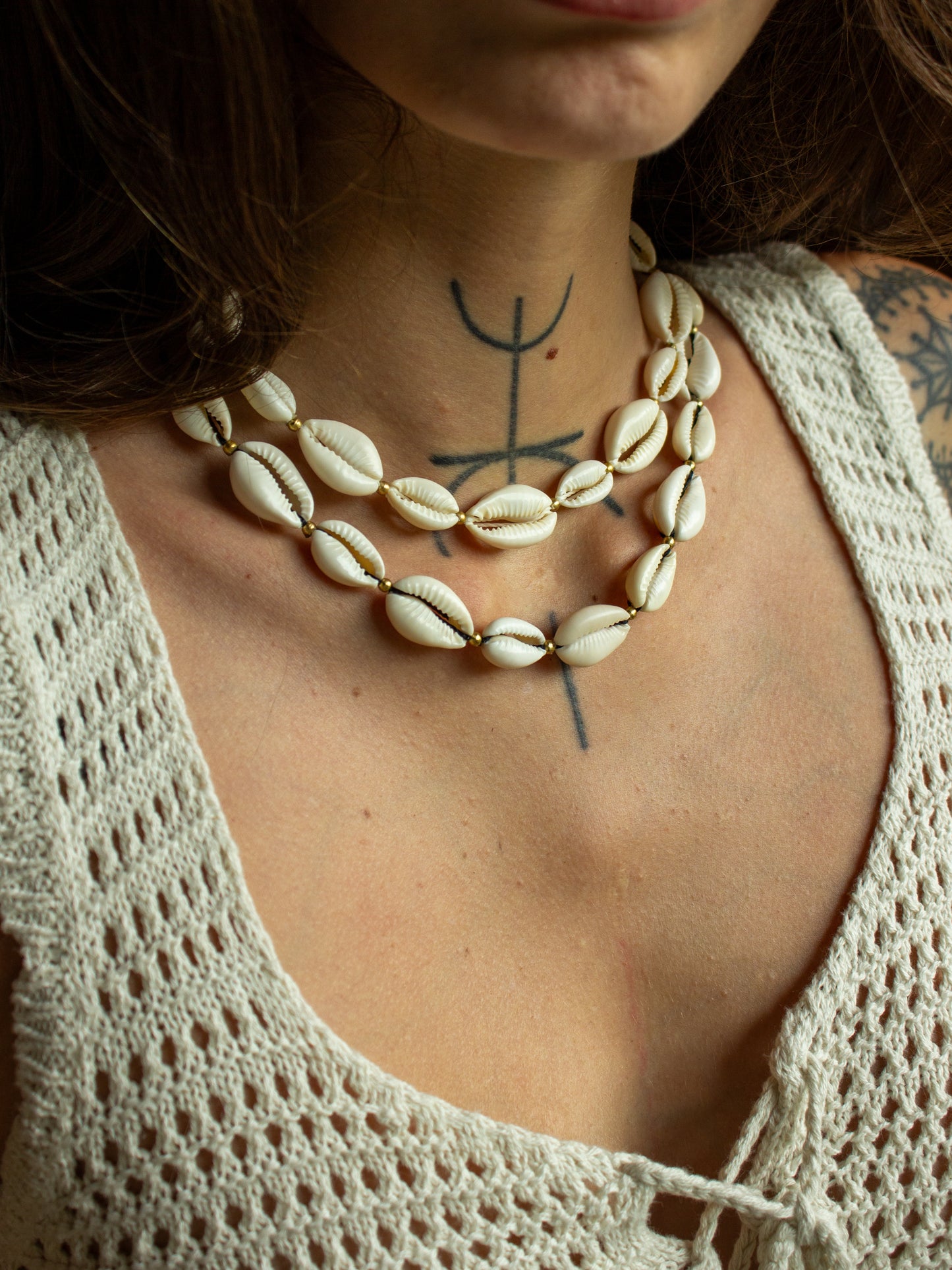 cowrie shell & brass necklace