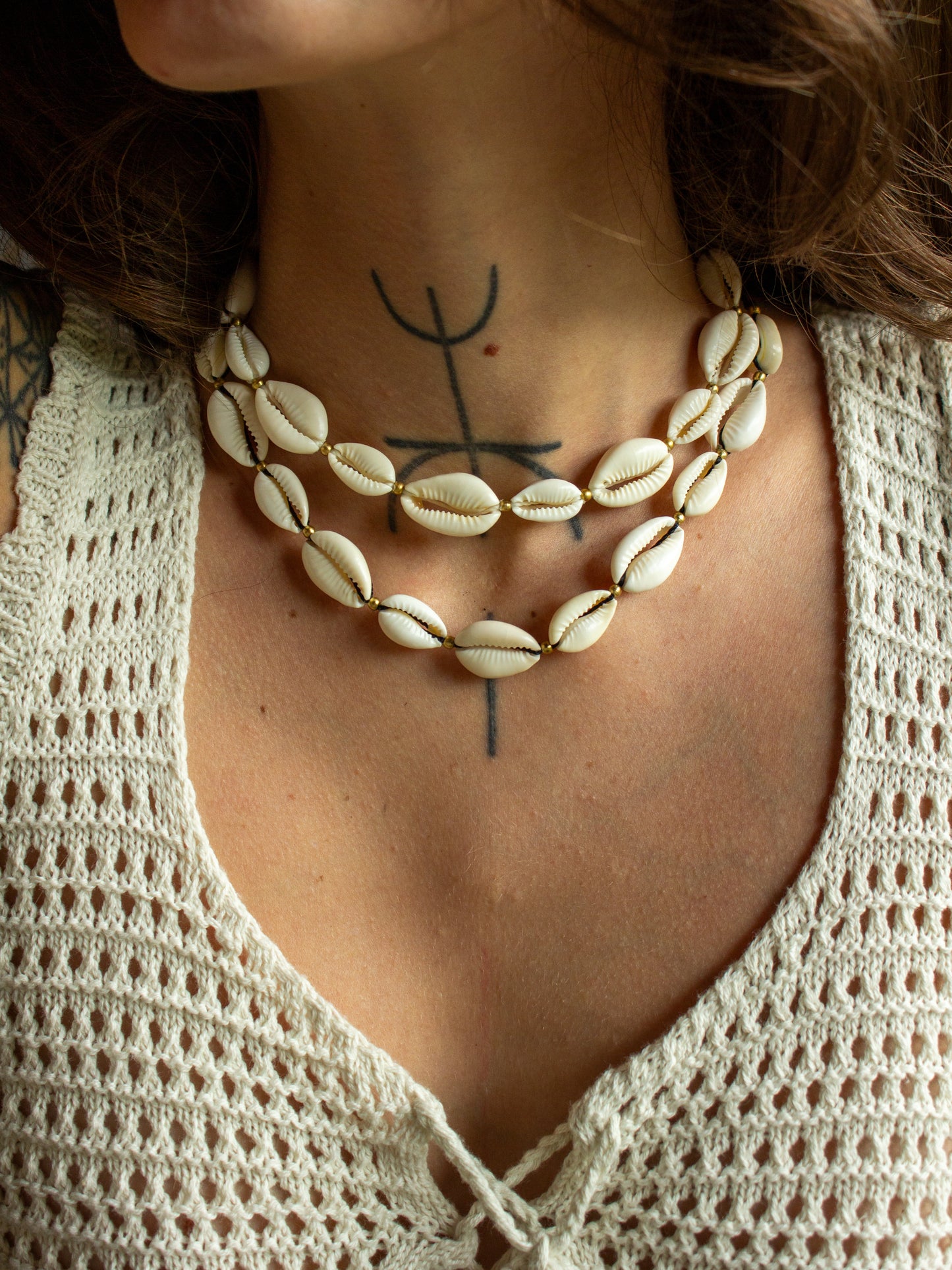 cowrie shell & brass necklace