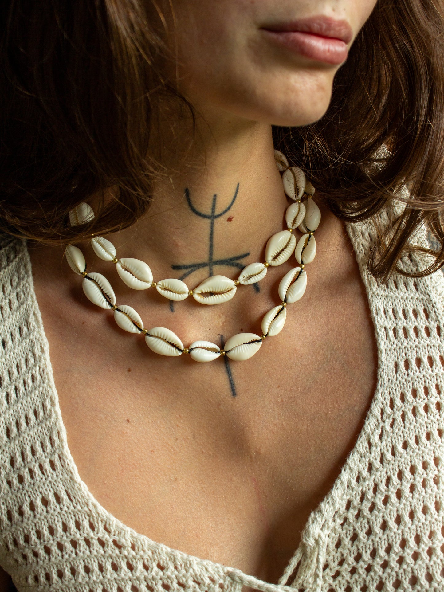 cowrie shell & brass necklace
