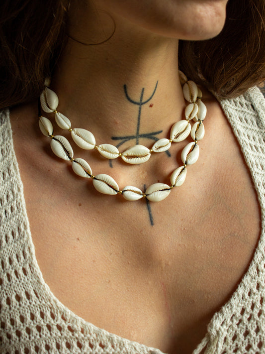 cowrie shell & brass necklace