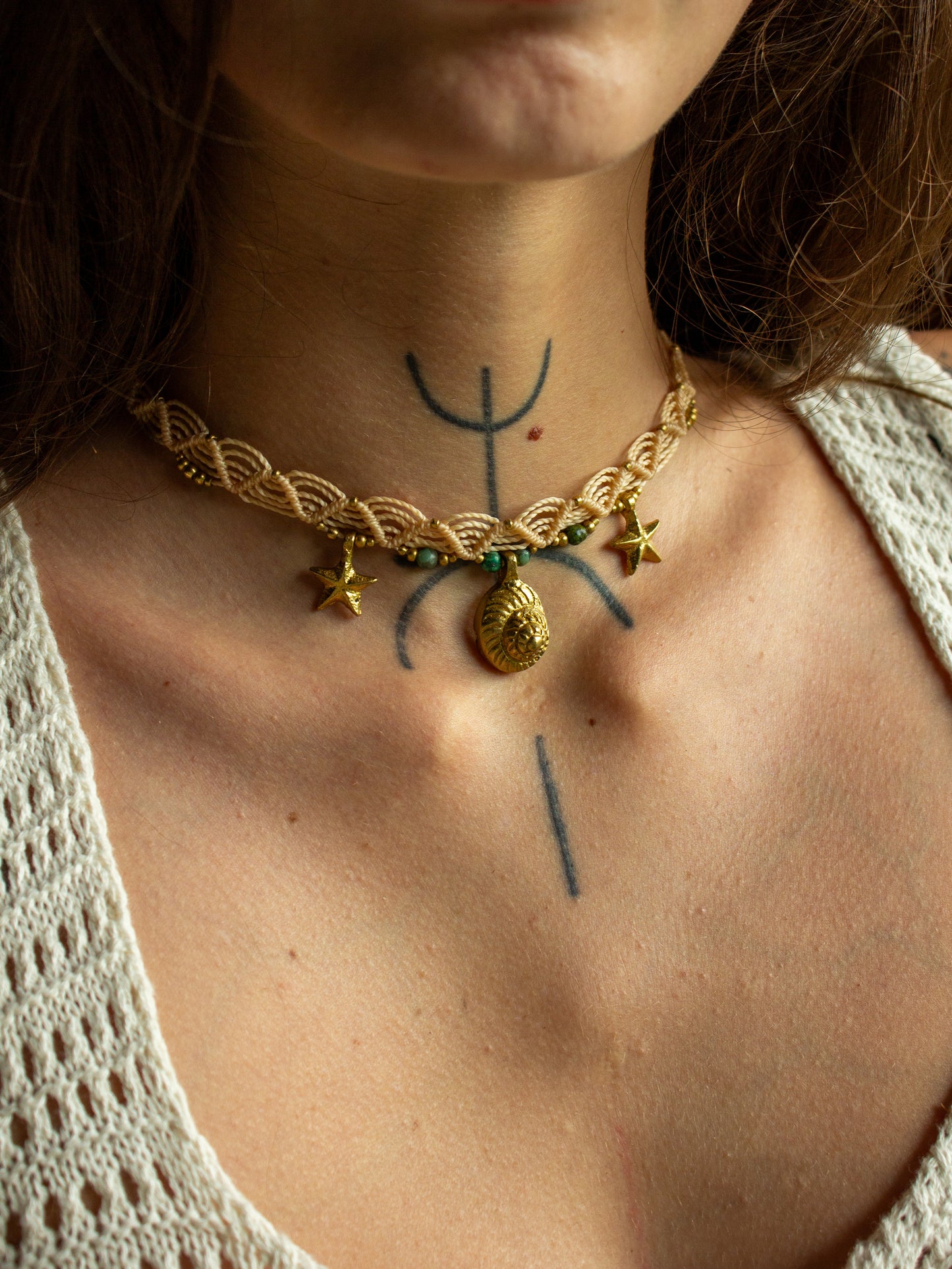 shell, star & Turquoise macrame choker necklace