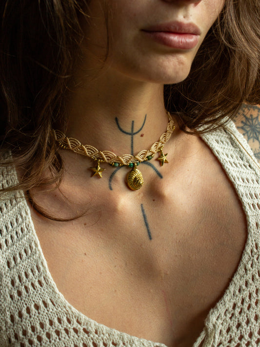 shell, star & Turquoise macrame choker necklace