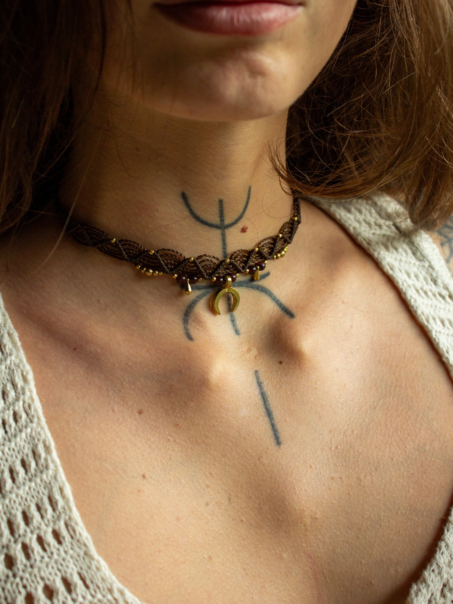 moon & garnet macrame choker necklace