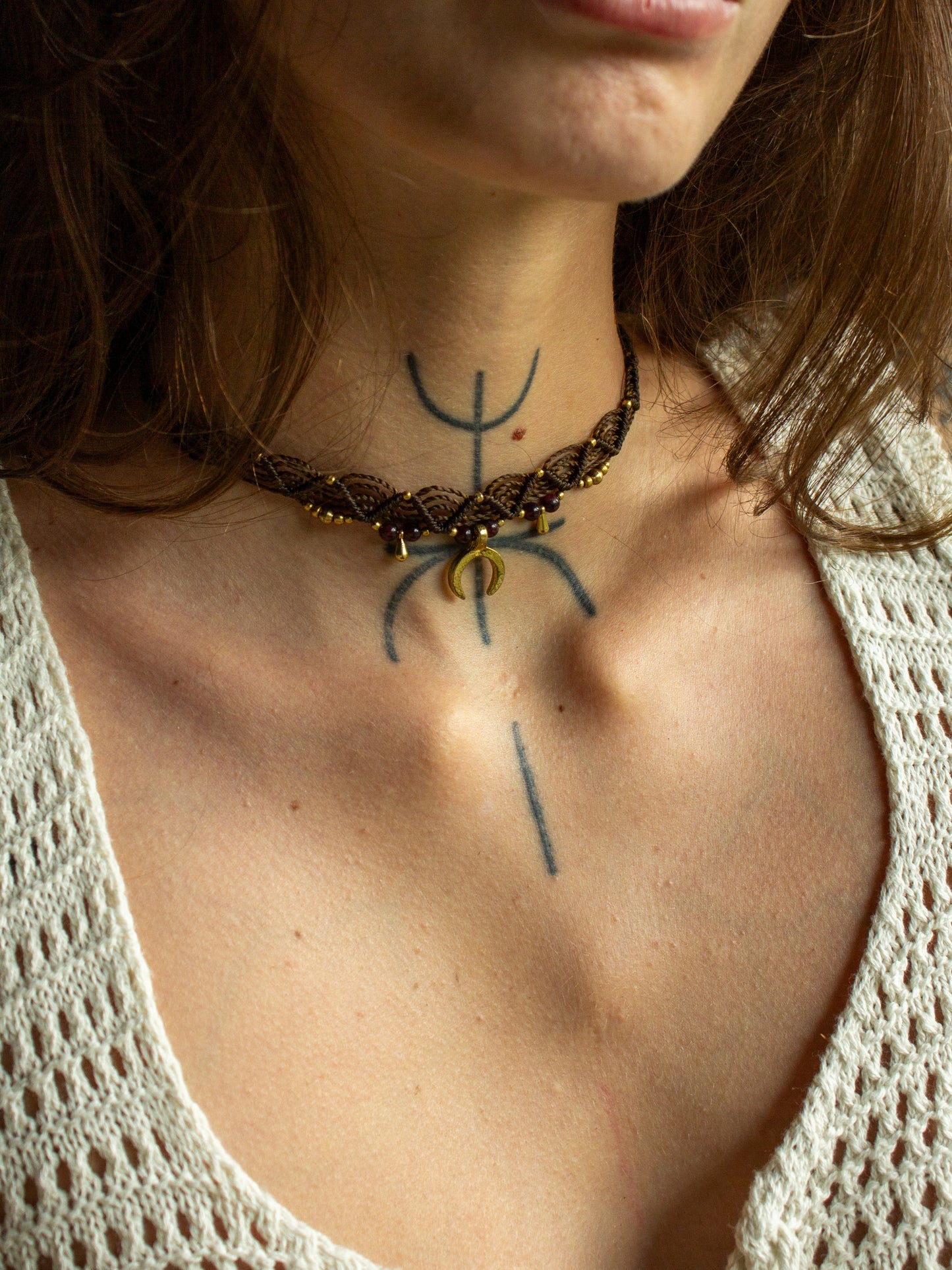 moon & garnet macrame choker necklace
