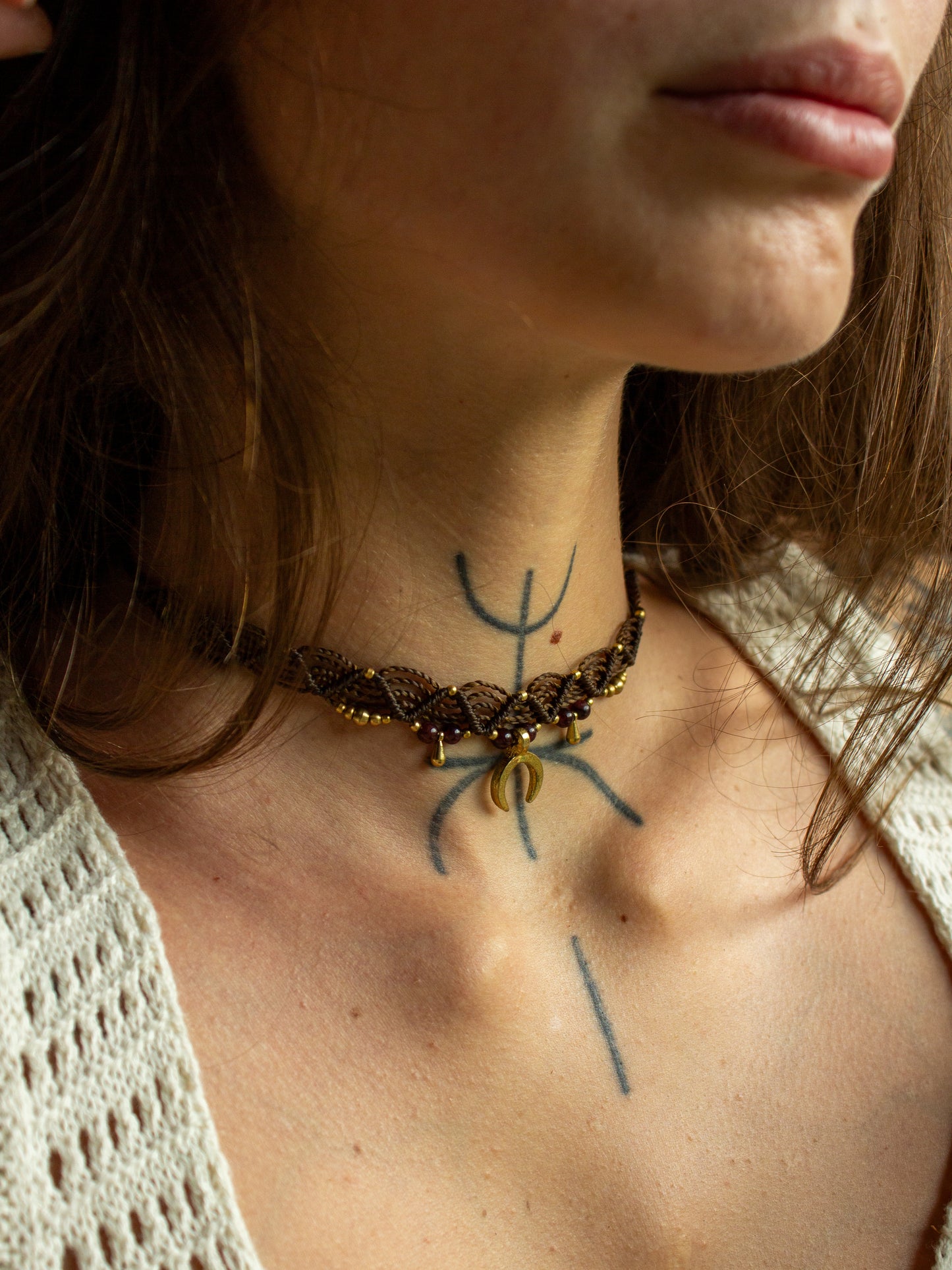moon & garnet macrame choker necklace
