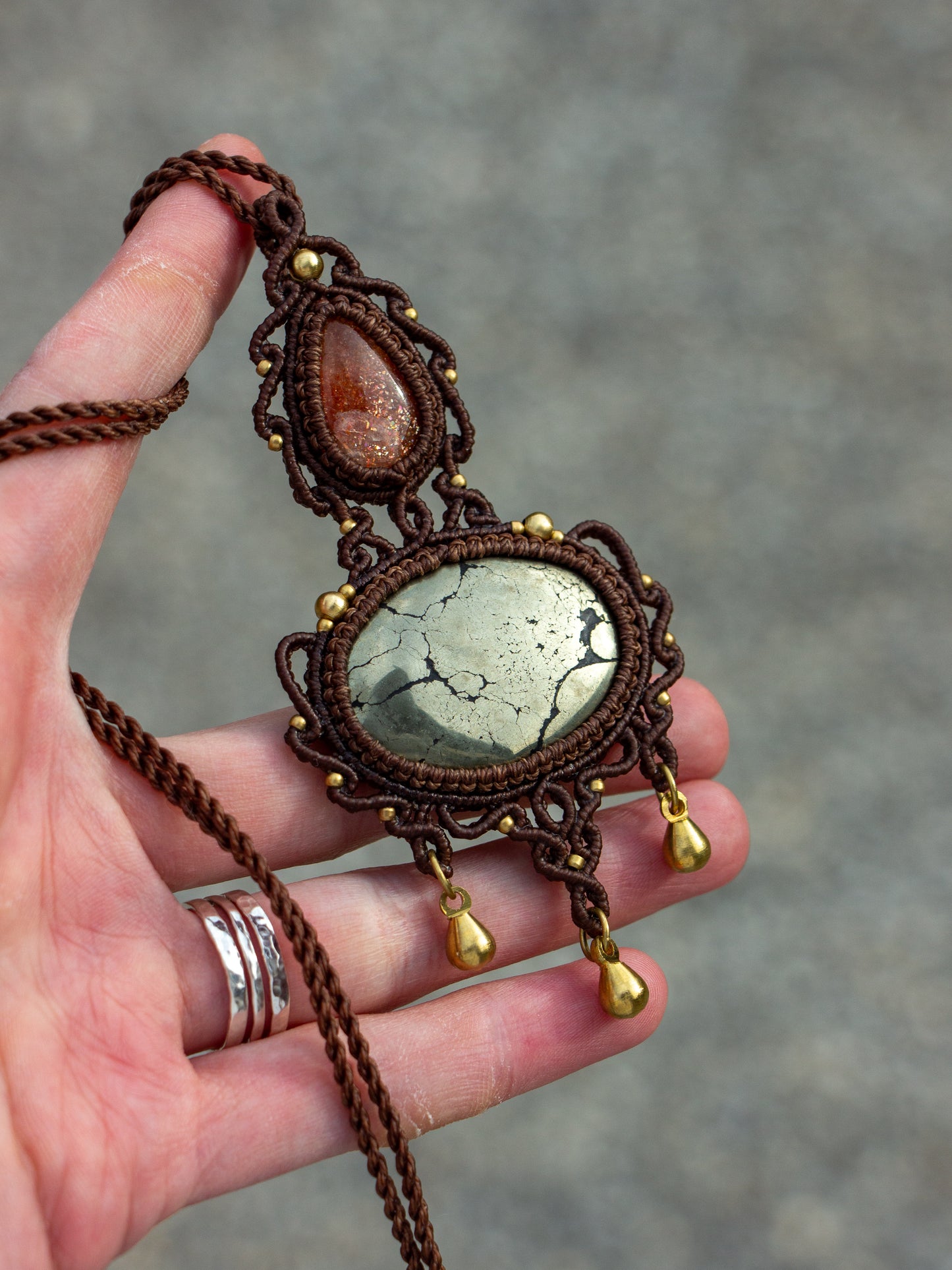 Sunstone & Pyrite macrame necklace