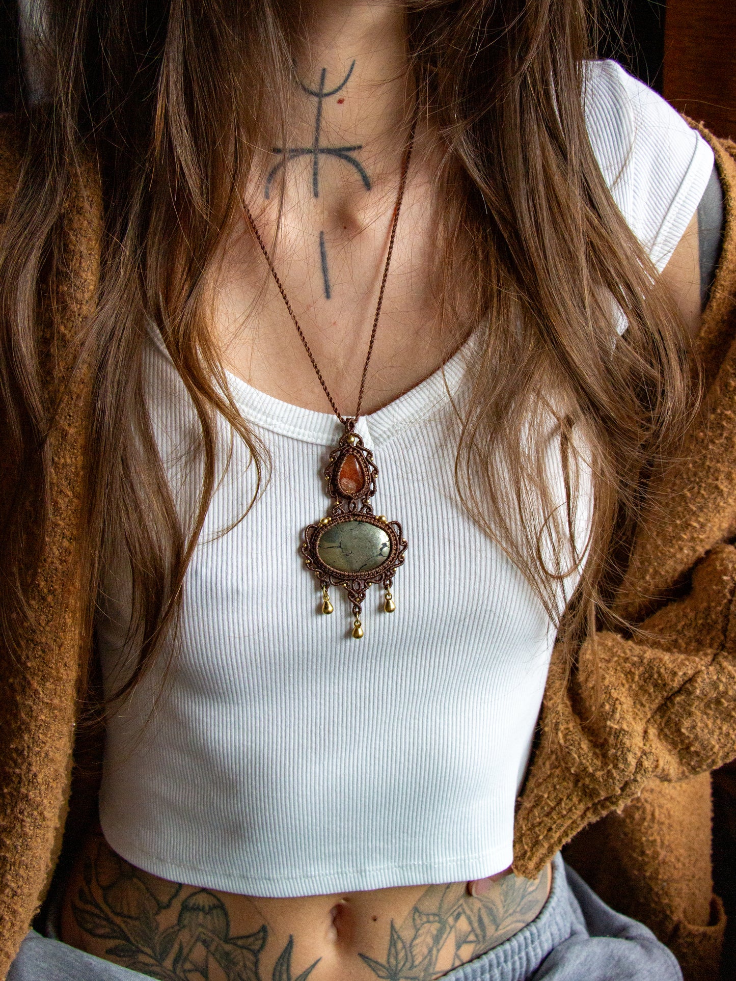 Sunstone & Pyrite macrame necklace