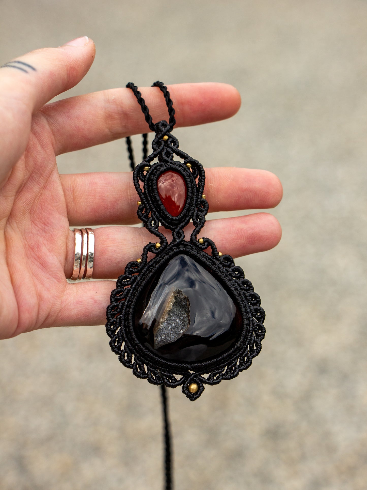 Red Jasper & Druzy Onyx macrame necklace