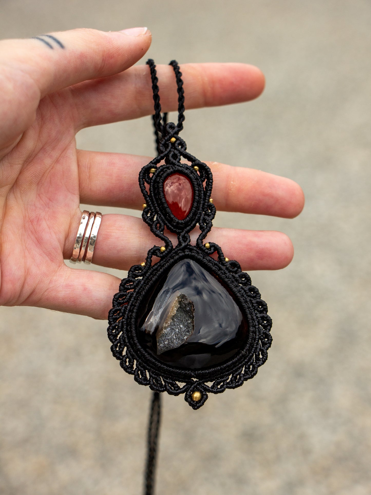Red Jasper & Druzy Onyx macrame necklace