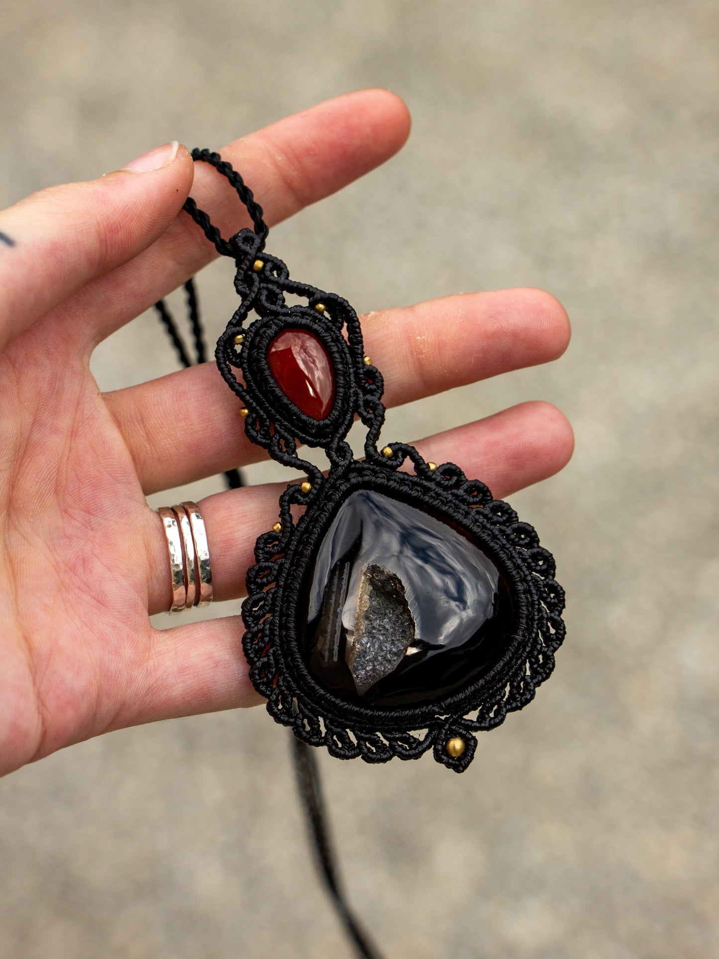 Red Jasper & Druzy Onyx macrame necklace