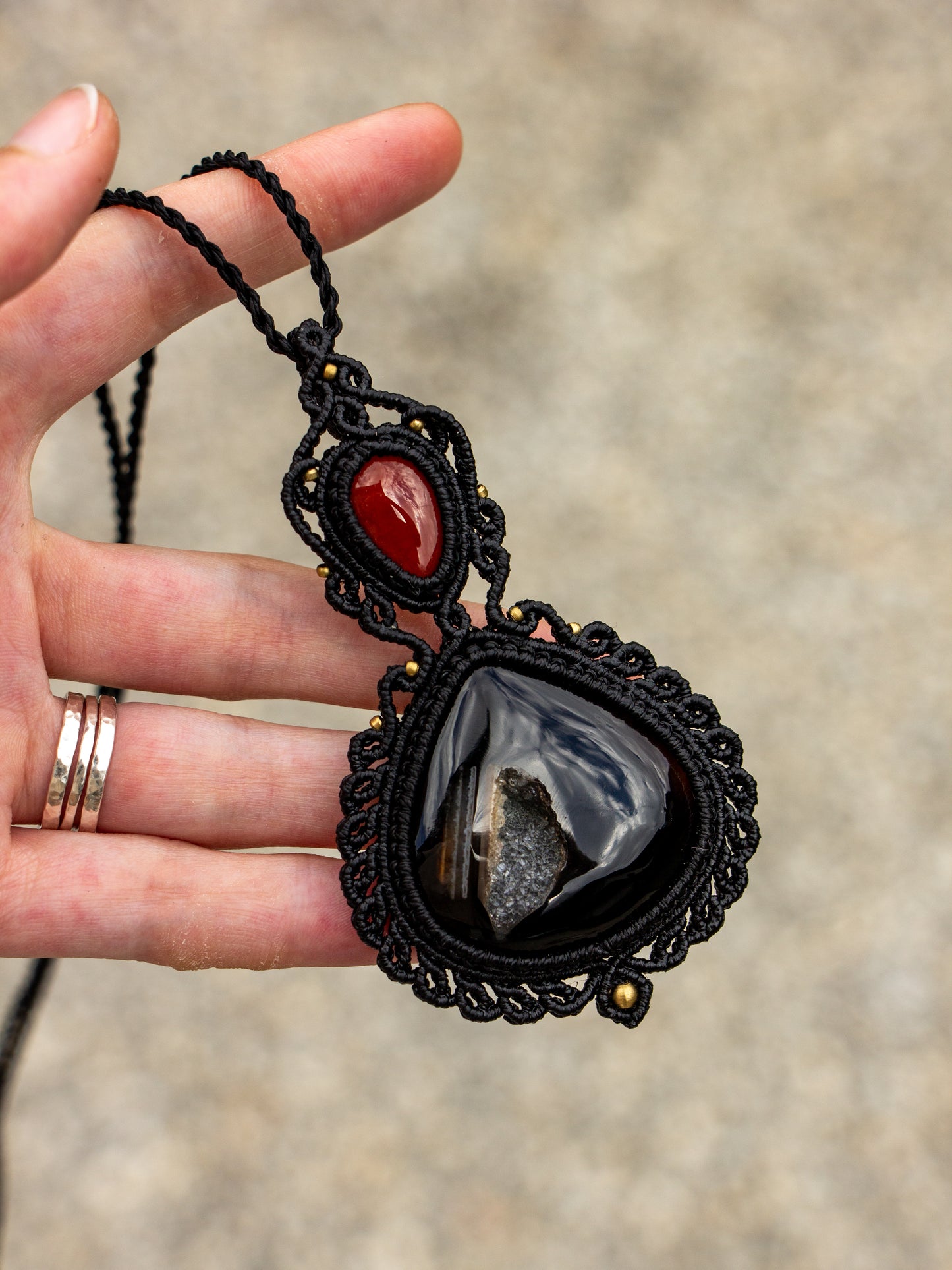 Red Jasper & Druzy Onyx macrame necklace