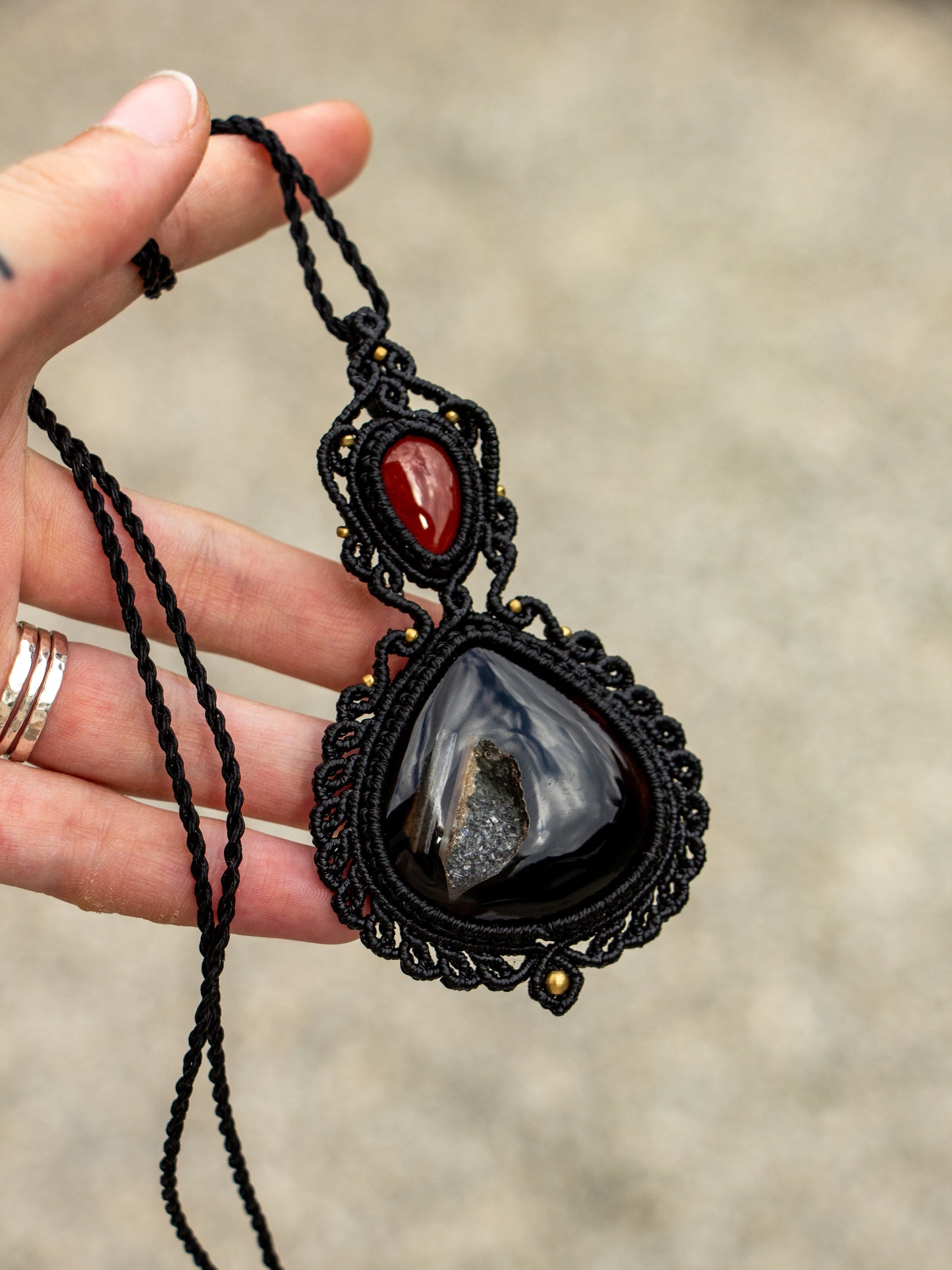 Red Jasper & Druzy Onyx macrame necklace
