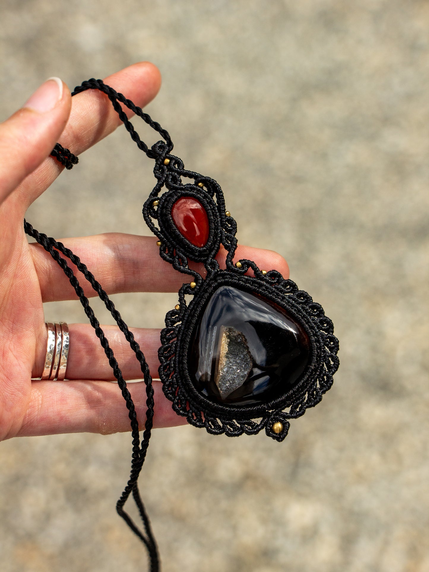 Red Jasper & Druzy Onyx macrame necklace