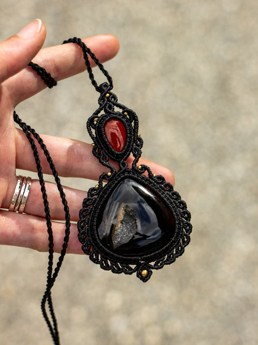 Red Jasper & Druzy Onyx macrame necklace