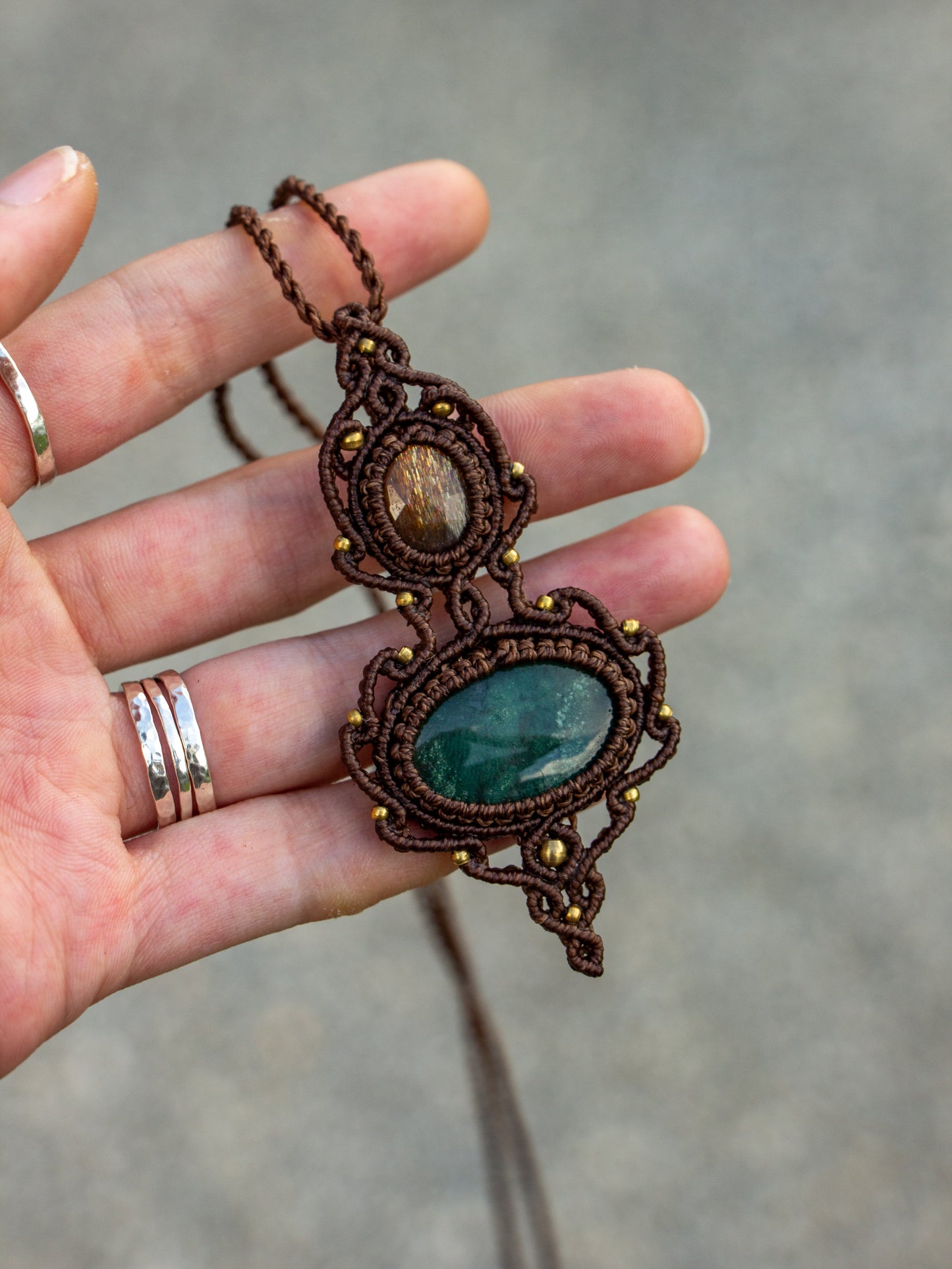 Sunstone & Moss Agate macrame necklace