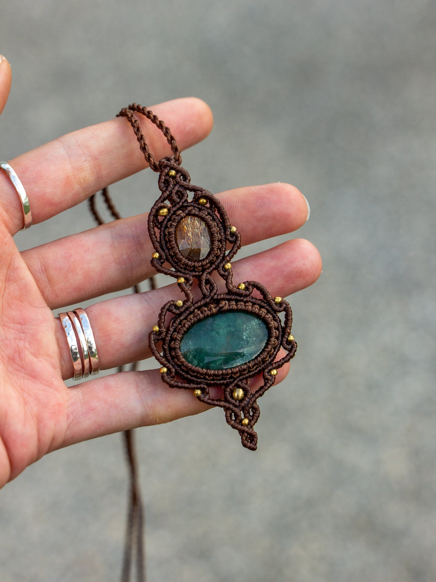 Sunstone & Moss Agate macrame necklace