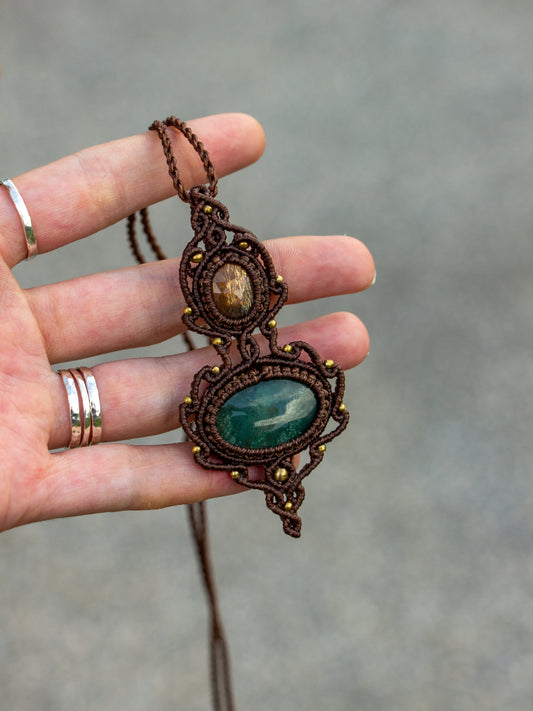 Sunstone & Moss Agate macrame necklace