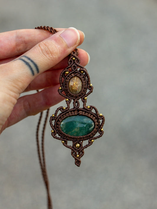 Sunstone & Moss Agate macrame necklace