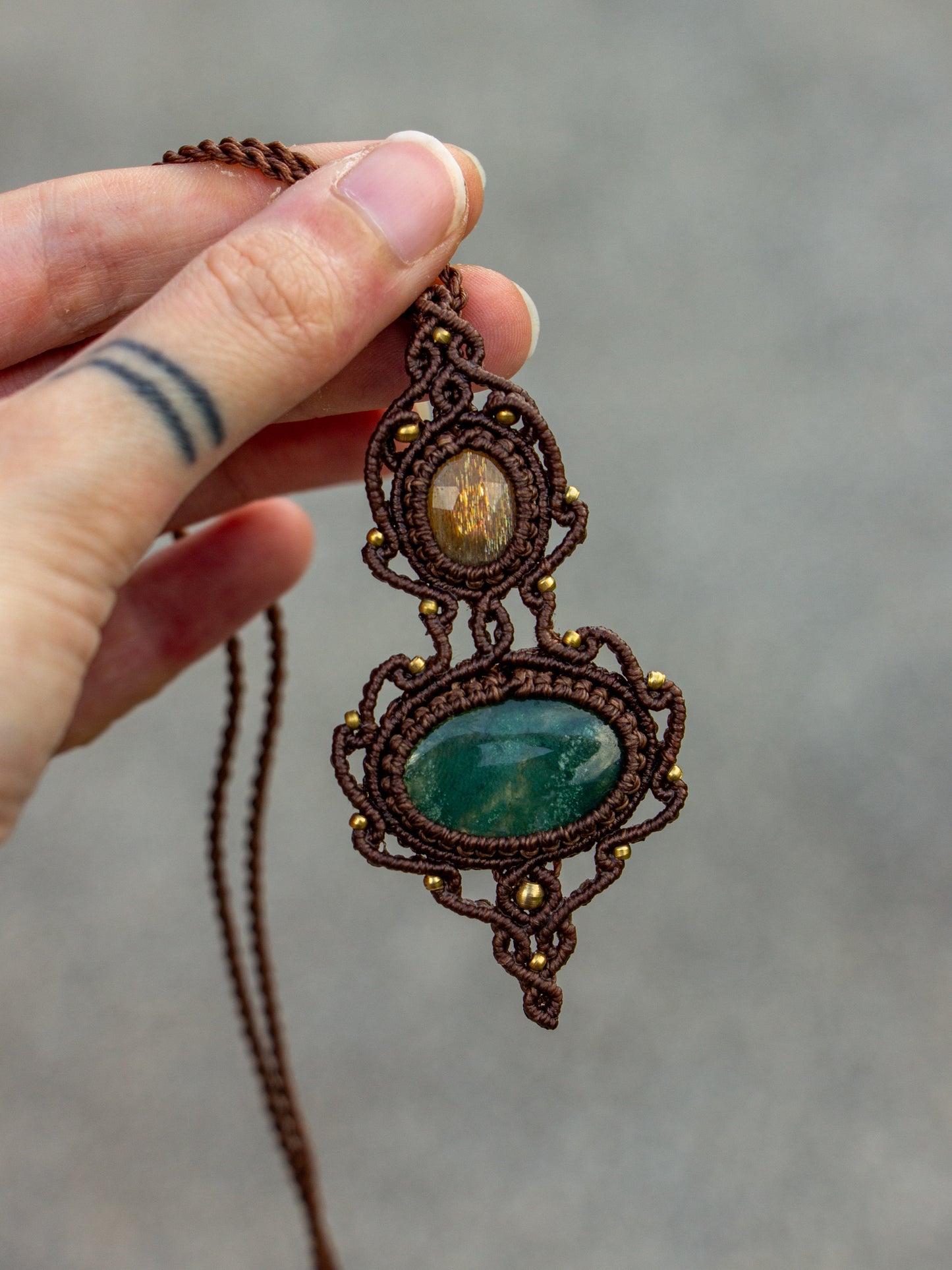 Sunstone & Moss Agate macrame necklace