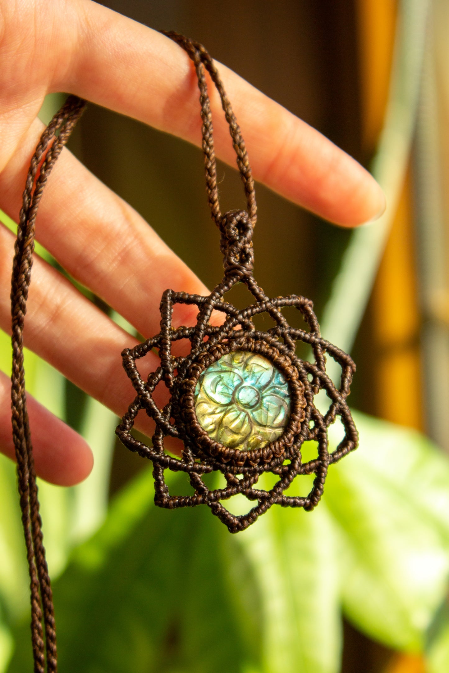 Kaya • Carved Labradorite mandala macrame necklace