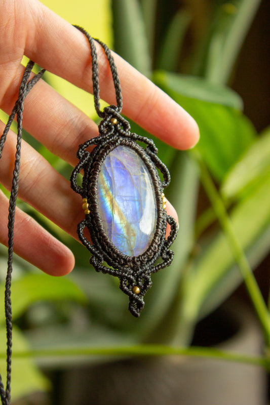 Selene • Rainbow Moonstone macrame necklace