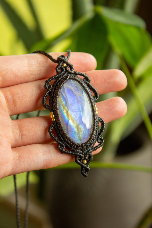 Selene • Rainbow Moonstone macrame necklace
