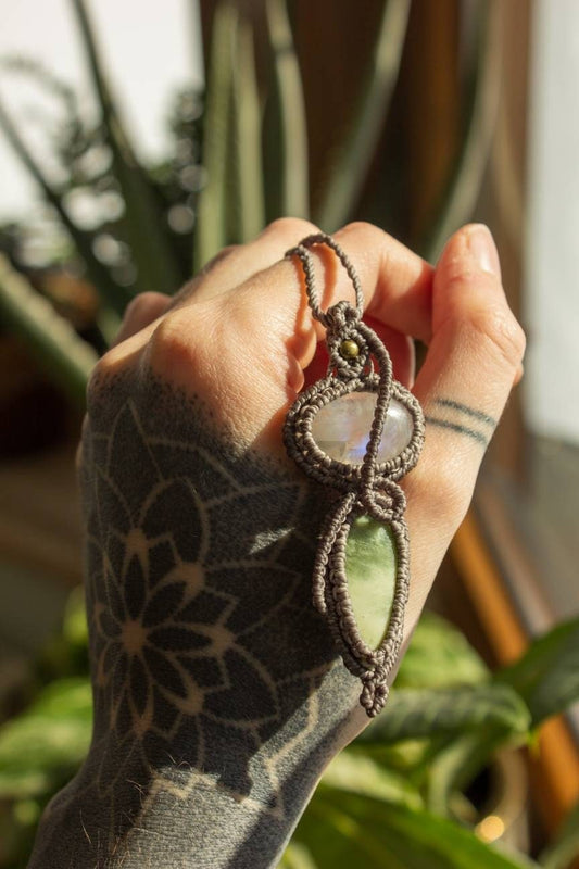 Natalia • Rainbow Moonstone & Larsonite macrame necklace