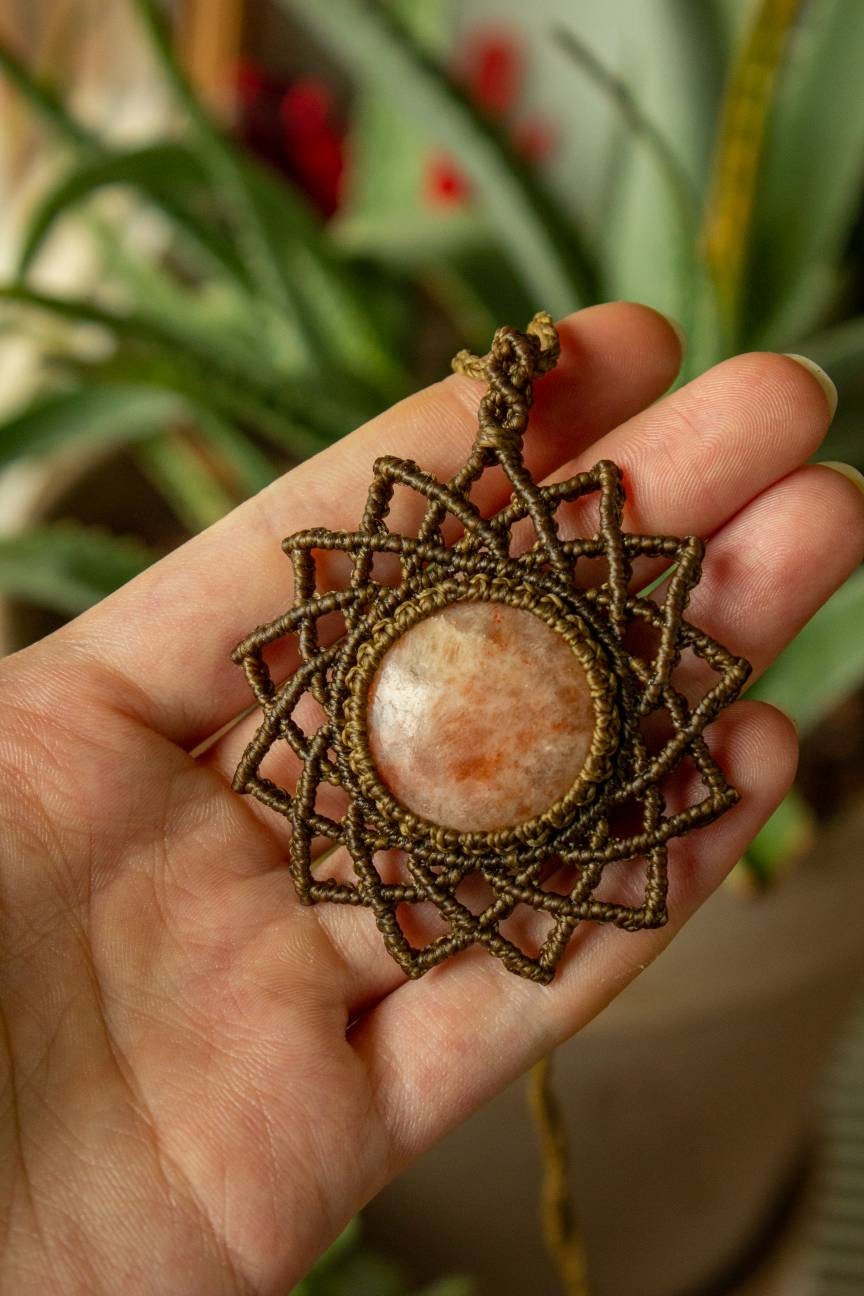 Alana • Sunstone mandala macrame necklace