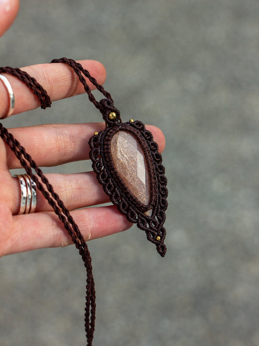 rose cut Peach Moonstone macrame necklace