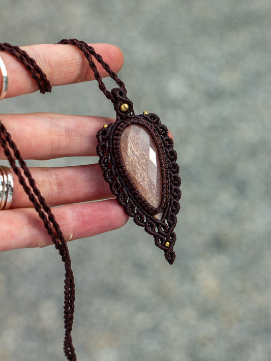 rose cut Peach Moonstone macrame necklace