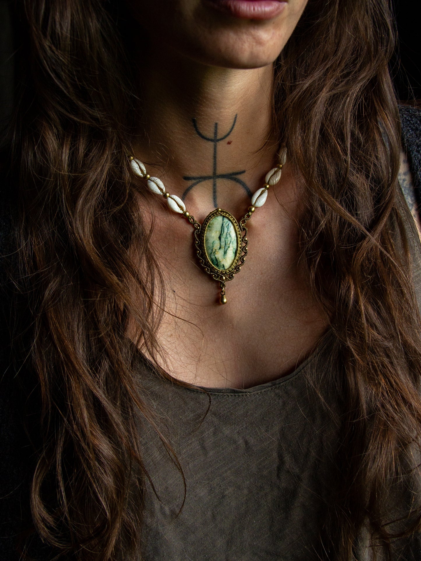Mariposite & cowrie shell necklace