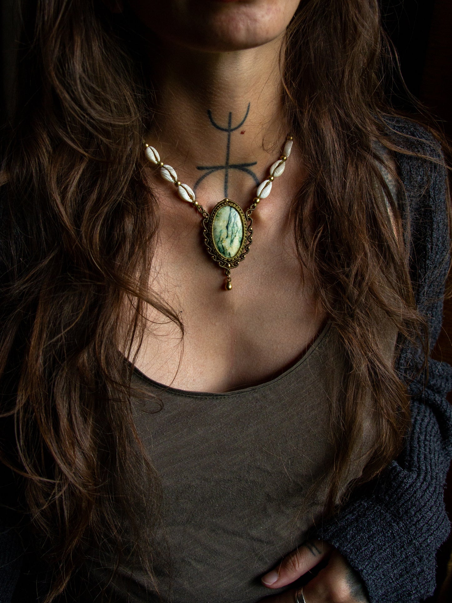 Mariposite & cowrie shell necklace