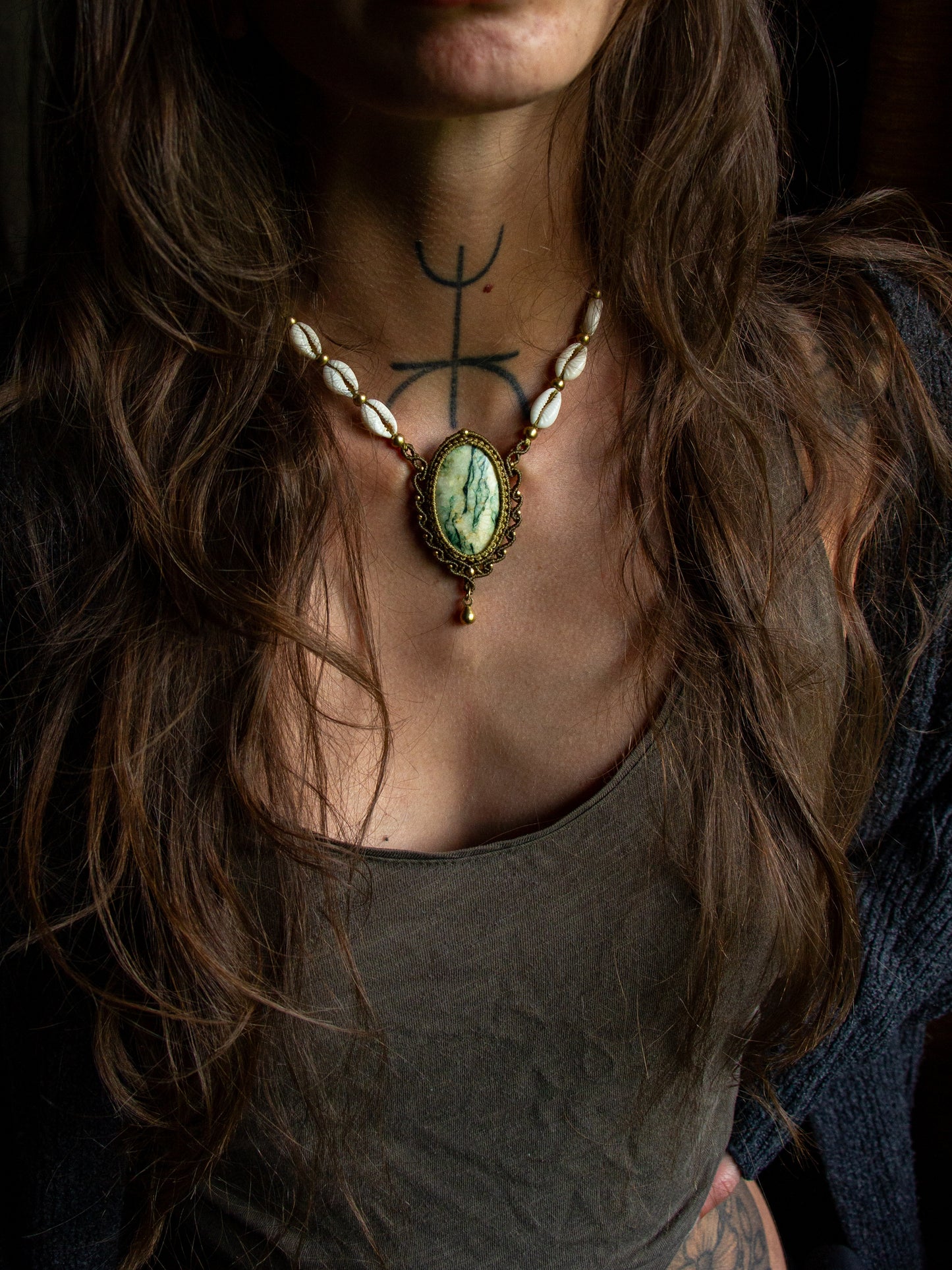 Mariposite & cowrie shell necklace