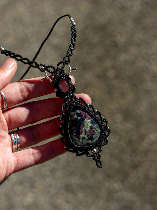 Rose Quartz & Eudialyte macrame necklace