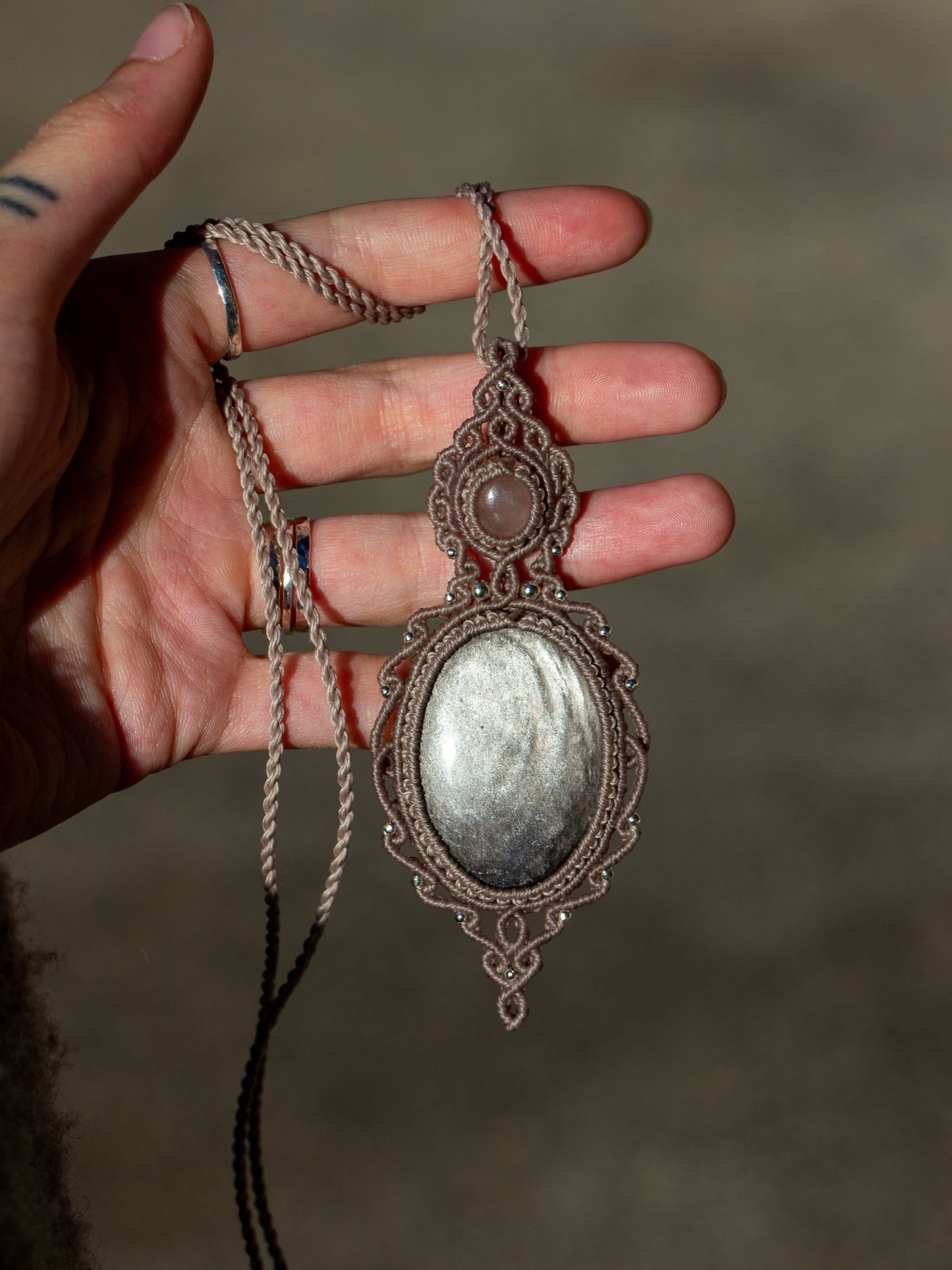 Rose Quartz & Silver Sheen Obsidian macrame necklace