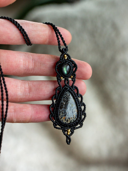 Labradorite & Coral Fossil macrame necklace