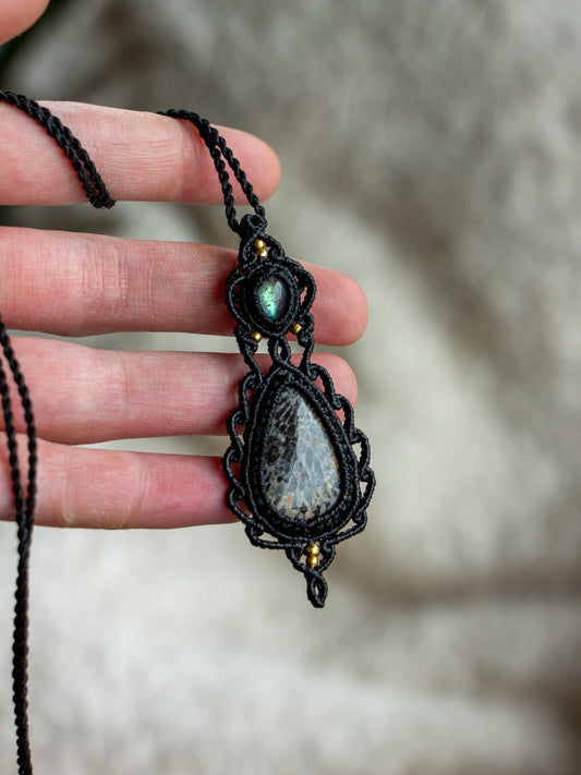 Labradorite & Coral Fossil macrame necklace