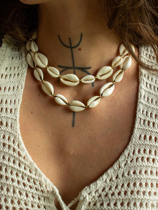 cowrie shell & brass necklace