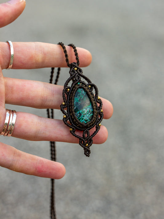 Chrysocolla Malachite macrame necklace