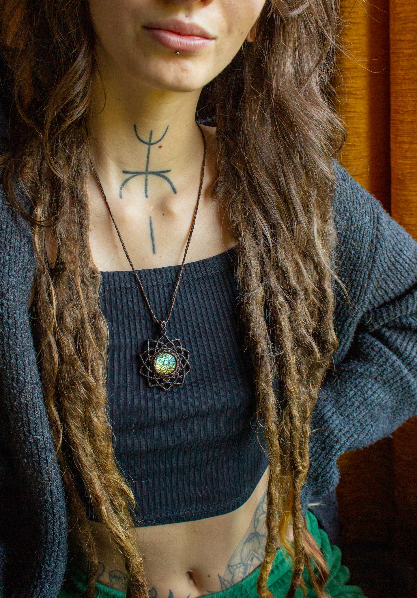 Kaya • Carved Labradorite mandala macrame necklace
