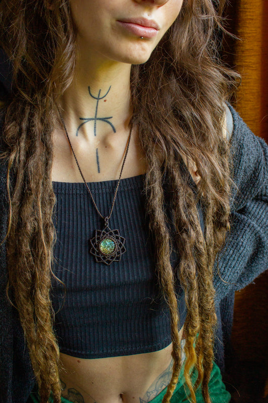 Kaya • Carved Labradorite mandala macrame necklace