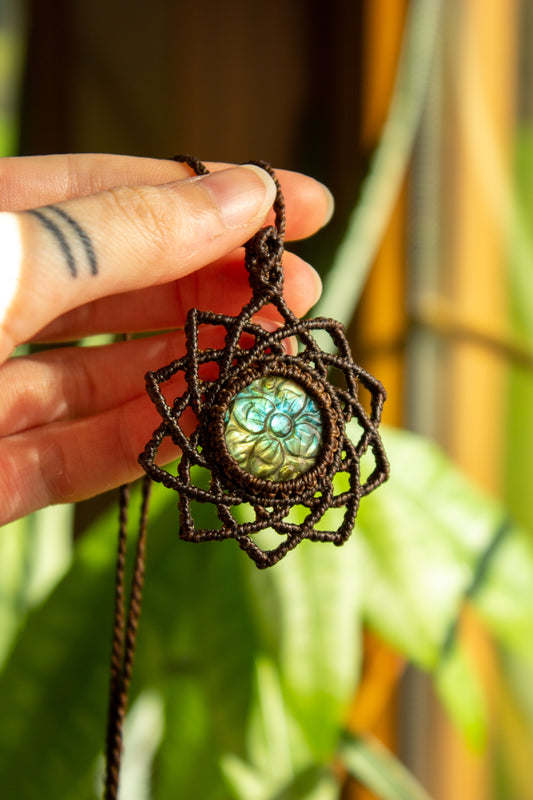Kaya • Carved Labradorite mandala macrame necklace