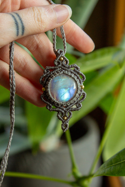 Rainbow Moonstone macrame necklace