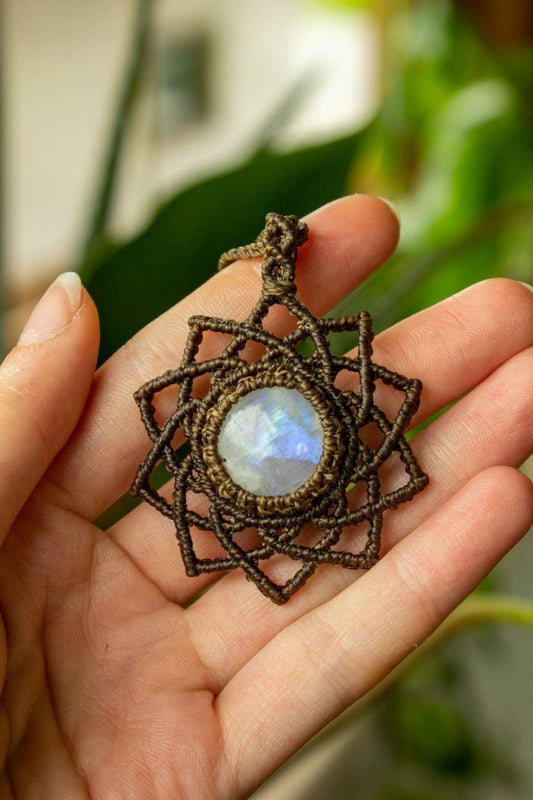 Alice • Rainbow Moonstone mandala macrame necklace
