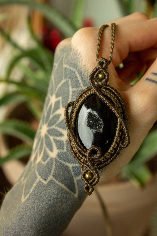 Enola • Black Druzy Onyx macrame necklace