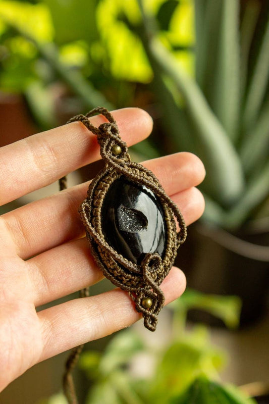Enola • Black Druzy Onyx macrame necklace